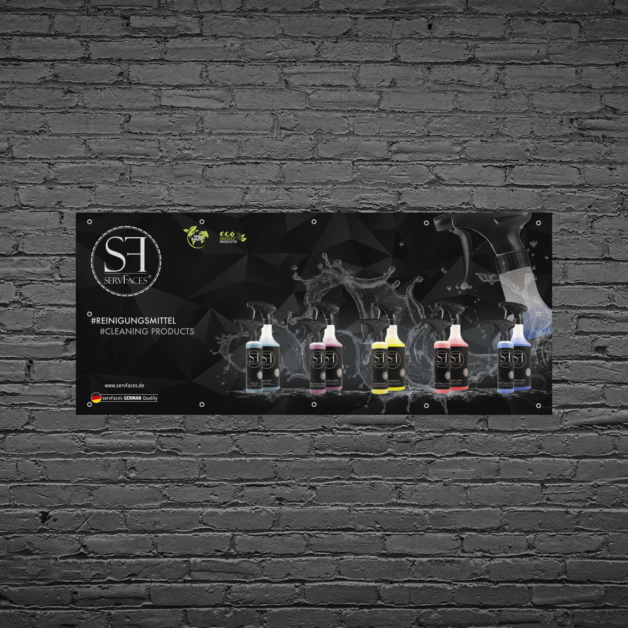 servFaces Werbebanner Reinigungsmittel - so kann jeder sehen, dass Sie auf servFaces als Pionier der Oberflächenveredelung vertrauen
