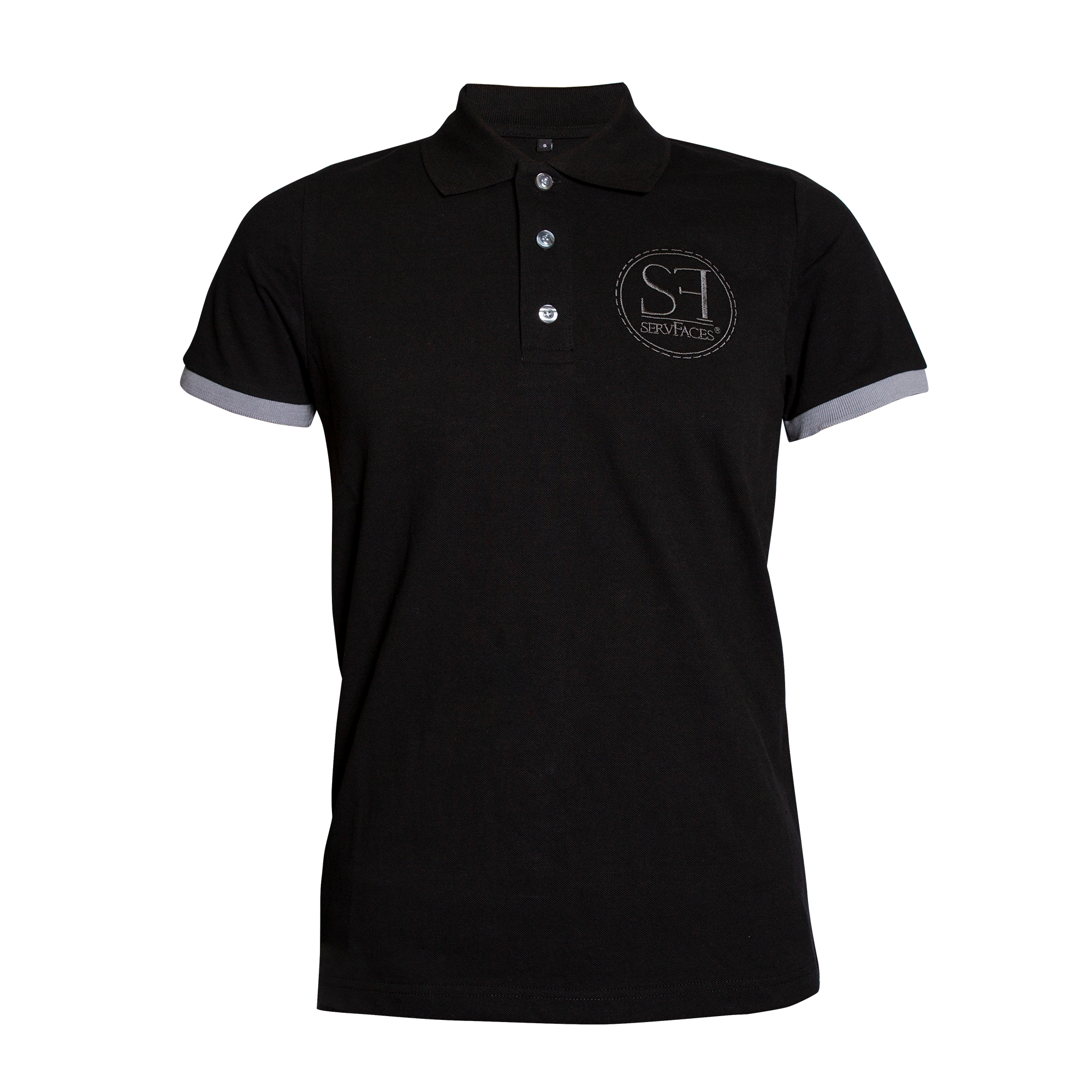 servFaces - Polo Shirt schwarz servFaces Polo Shirt - so kann jeder sehen, dass Sie auf servFaces als Pionier der Oberflächenveredelung vertrauen